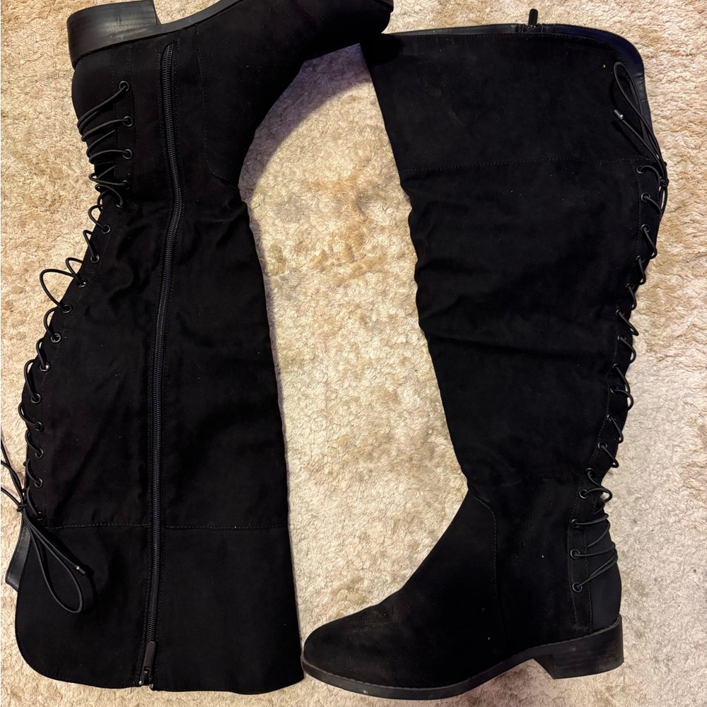 Torrid Tall Knee High Black Suede Lace Up Side Zip Boots Womens Size 7.5WW